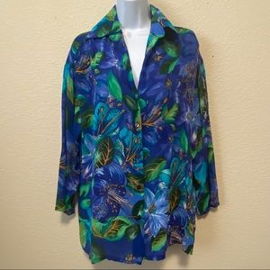 Sheer Blue/Green Flower Detail Top Size Small by Oscar de la Renta